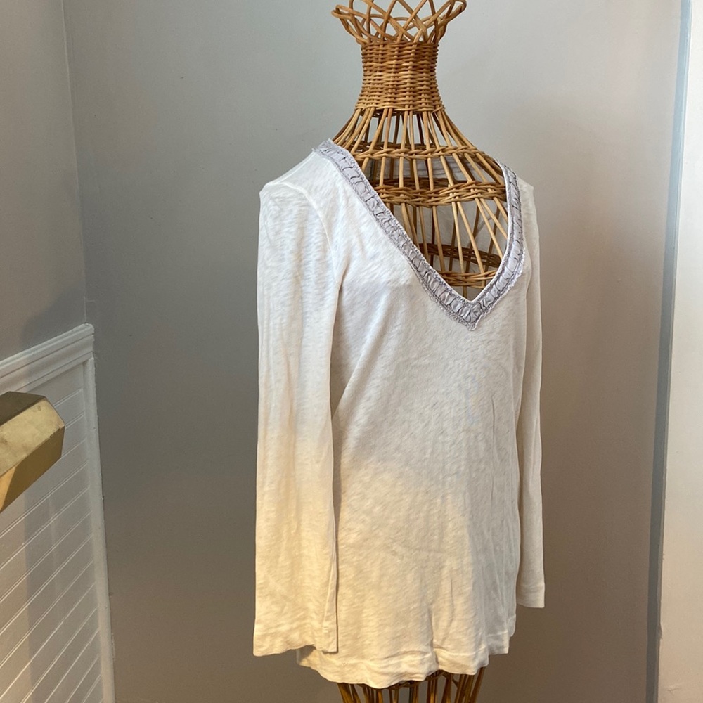J.CREW Medium long sleeve shirt with gray satin rouged trim along neckline.